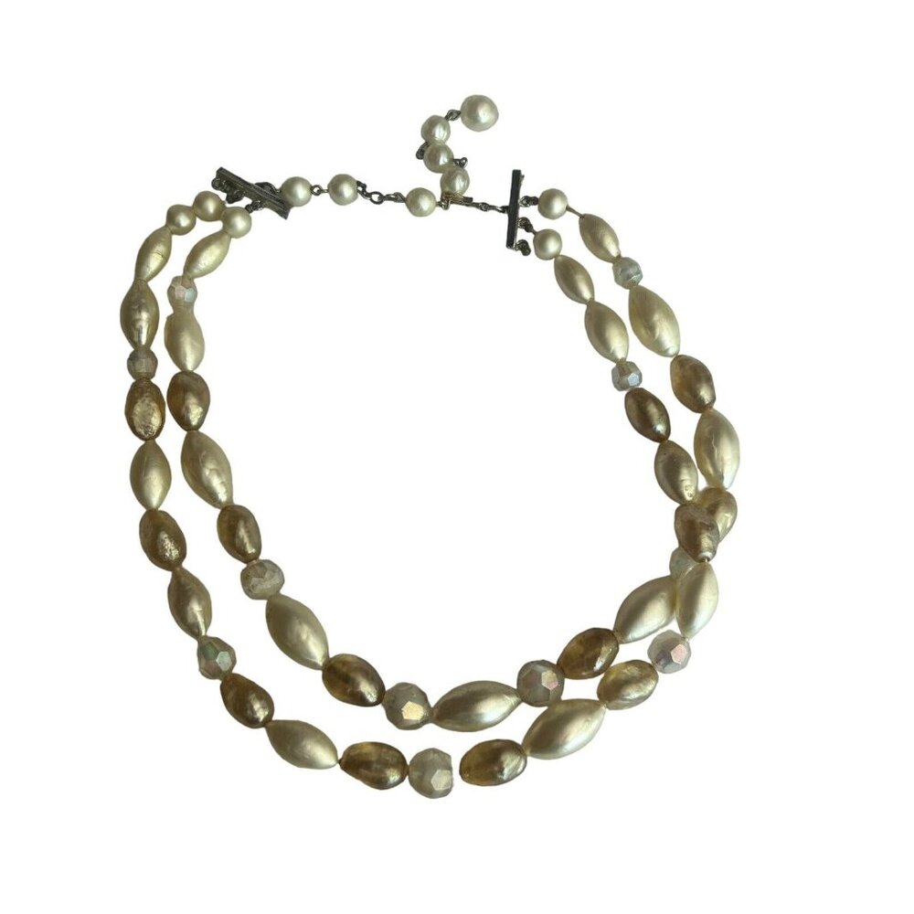 VTG Pop Bead Necklace French 2 Strand Round Pearl Adjustable Retro 60s